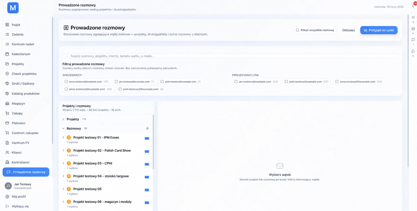 Rozmowy połączone z projektami w MWP CRM