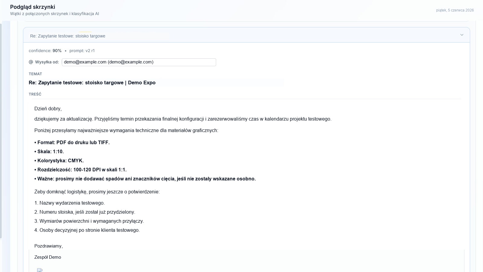 Wykadrowany widok draftu odpowiedzi AI w systemie CRM
