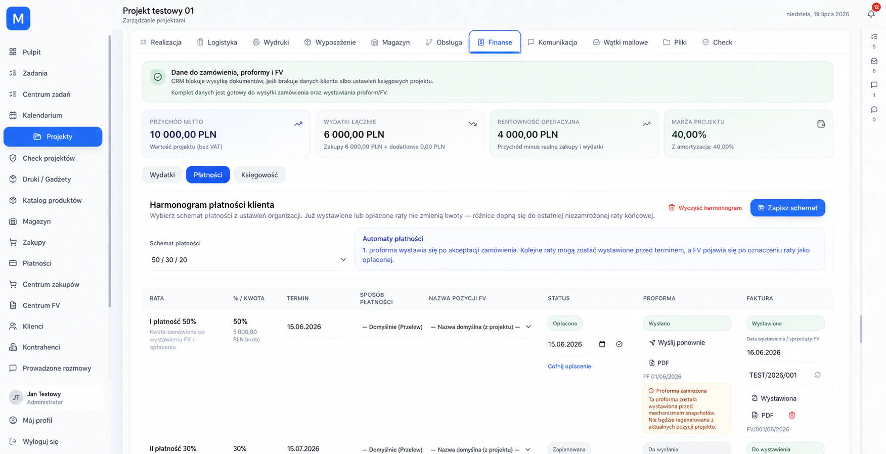 Finanse projektu w MWP CRM