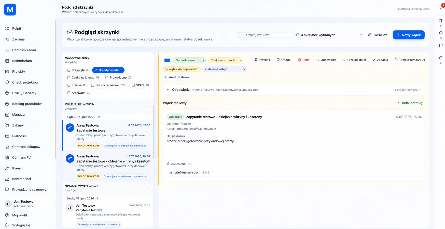 Widok skrzynki i wątku mailowego w MWP CRM