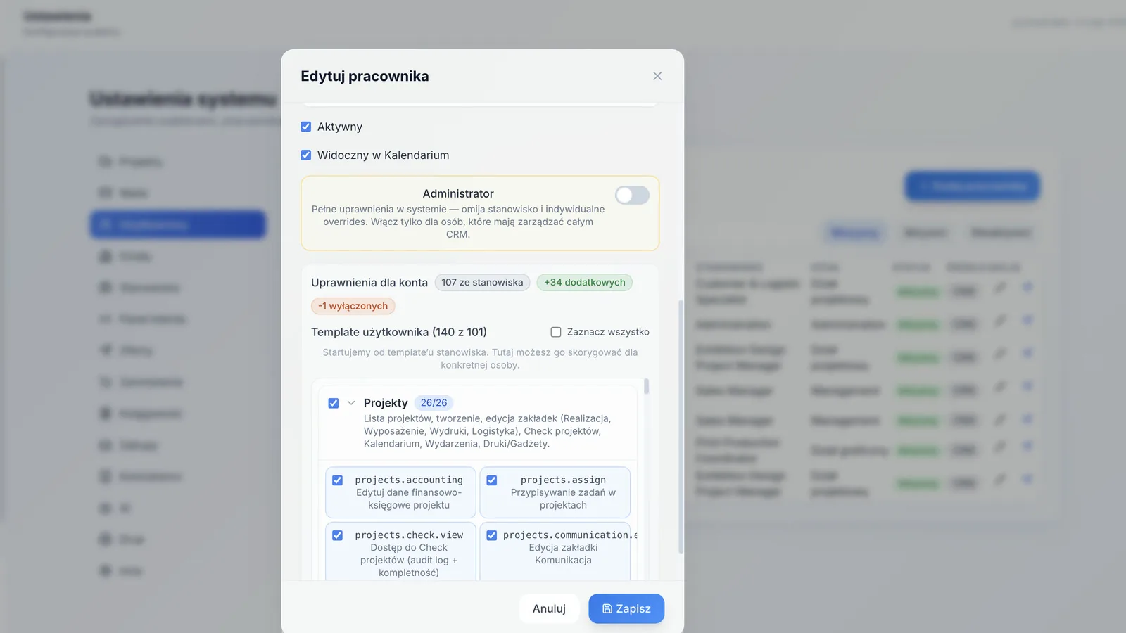 Wykadrowany widok uprawnień w dedykowanym CRM