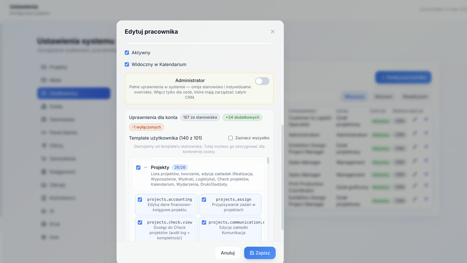 Wykadrowany widok uprawnień w dedykowanym CRM