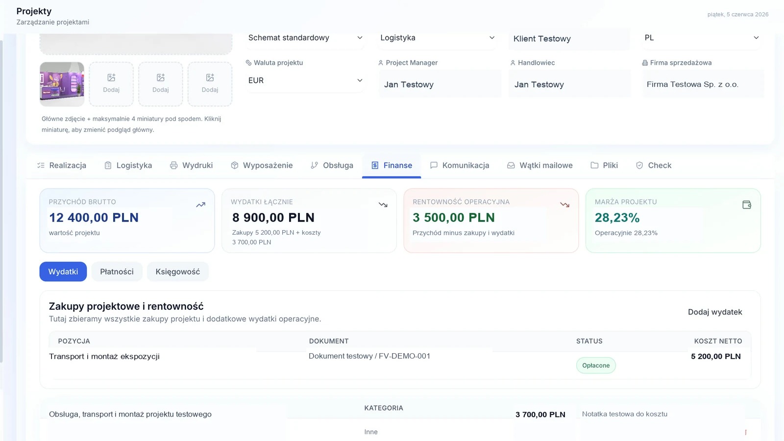 Zakupy pokazują koszt projektu - wykadrowany widok CRM