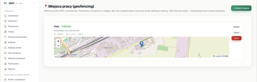 MWP HR PRO geofencing - miejsca pracy z mapa GPS