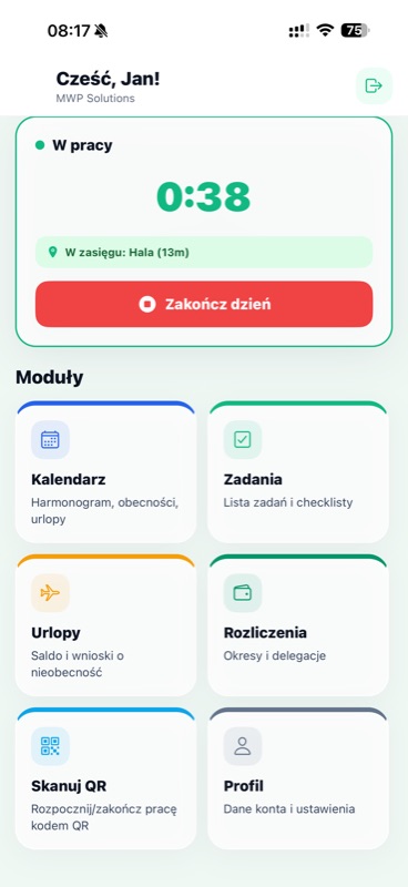 MWP Pracownik aplikacja w pracy - timer i moduly